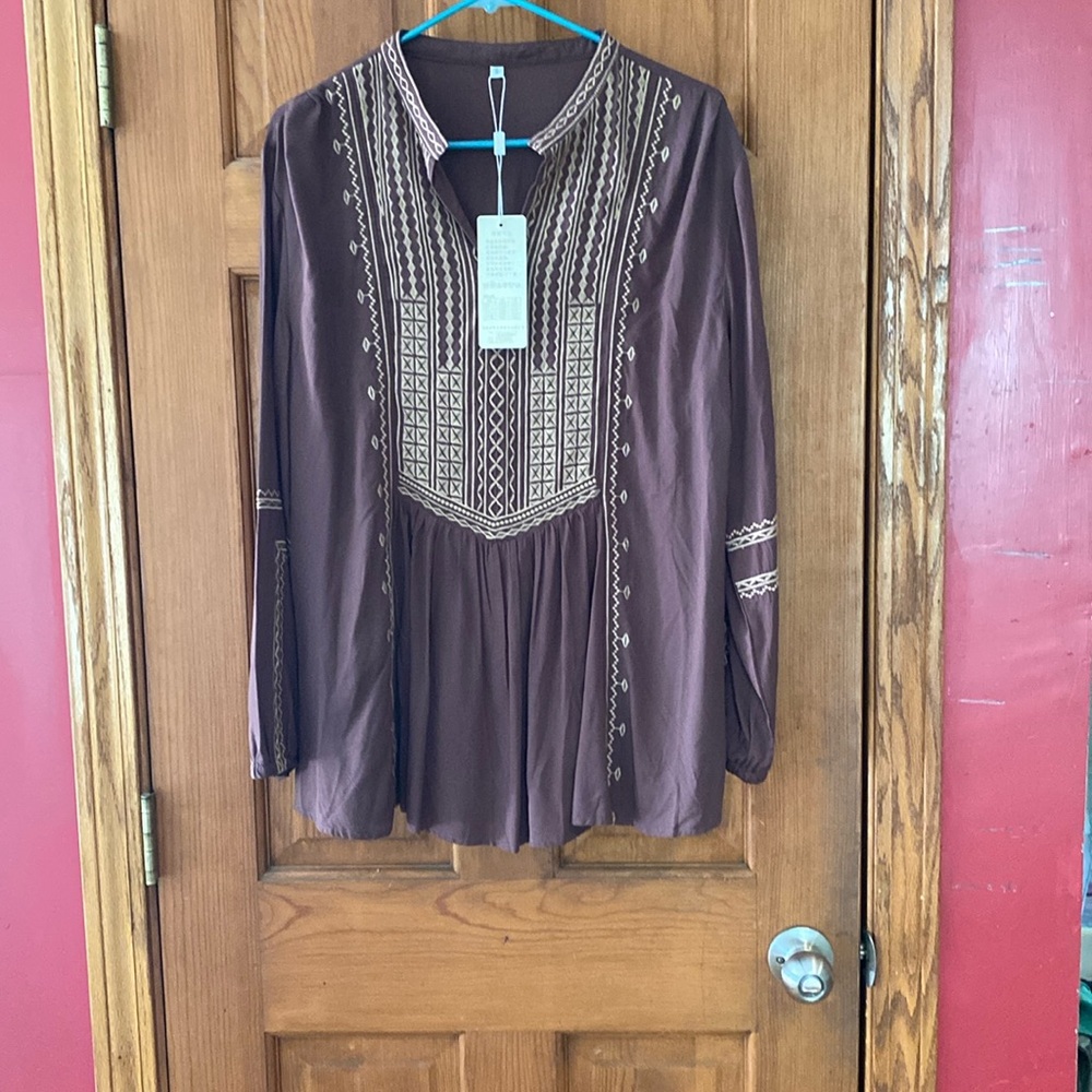 Brown boho Komili embroidered tunic top